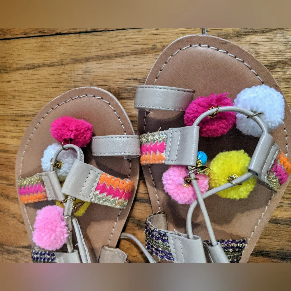 Asos Boho Pom Pom Colorful Tie Up Flat Sandals Size 7 Fesrival